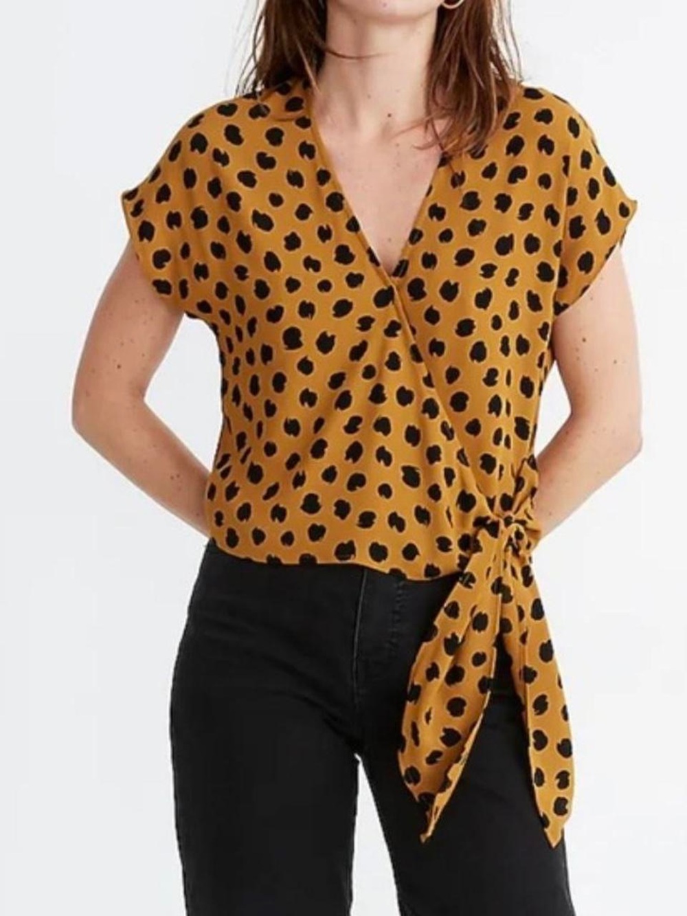 Madewell Sashtie Wrap Top in Mustard with Painted Spots